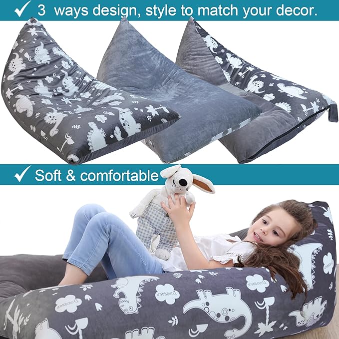 Stuffed Animal Storage Bean Bag Chair Cover | 53" Extra Large Beanbag for Kids and Adults, Plush Toys Holder and Organizer for Boys and Girls | Premium Velvet - Soft & Comfortable (Dinosaurs)