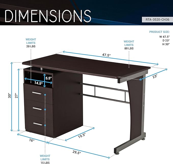 Techni Mobili Drawers Computer Desk, 48" W x 23" D x 30" H, Chocolate