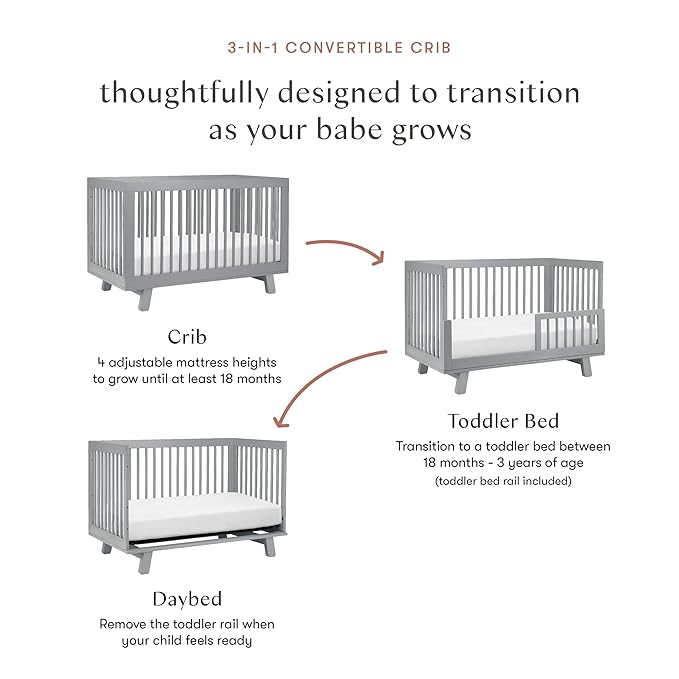 Babyletto Hudson 3-in-1 Convertible Crib with Toddler Bed Conversion Kit in Grey, Greenguard Gold Certified