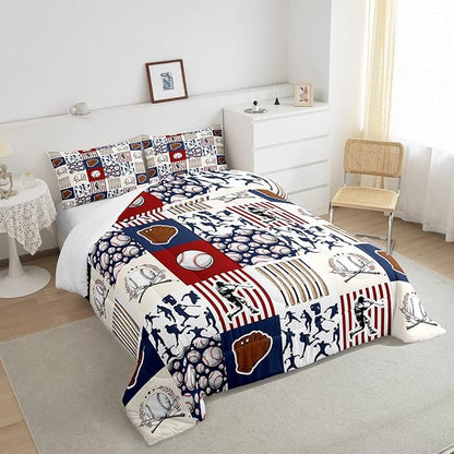 Erosebridal Kids Baseball Full Comforter Set for Boys,Teen Baseball Athlete Bedding Set Room Decor Sports Theme Bed Comforter Sets Baseball Bat Gloves Quilt Duvet with 2 Pillow Cases Red Navy Blue