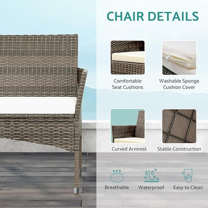 Patio Furniture, 4 Piece Conversation Set, Outdoor Wicker Rattan Table and Chairs, Sectional Sofa with Thick Cushion for Garden, Yard, or Porch, Brown