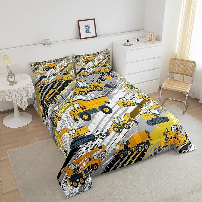 Boys Construction Comforter Set Truck Bedroom Decor for Kids Girls Under Construction Vehicles Down Comforter Nursery Children Cartoon Machinery Truck Excavator Bedding Tractor Cars Duvet Quilt, King