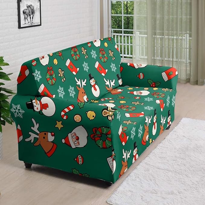 FKELYI Christmas Decorations Green Sofa Slipcover Santa Claus Stretch Sofa Couch Cover for Indoor Washable Furniture Protector with Elastic Bottom L