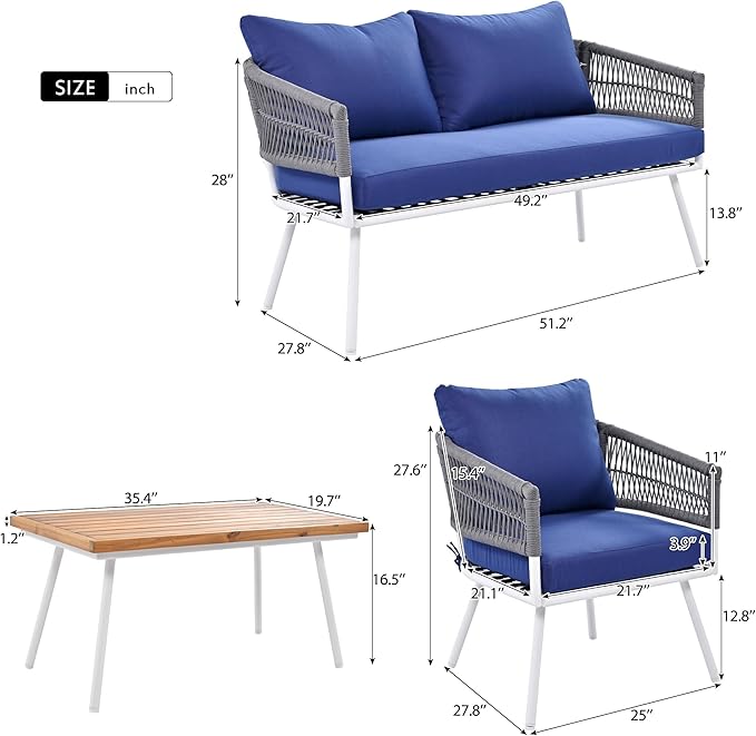 4-Piece, Boho Rope Outdoor Furniture Patio Conversation Sets with Deep Seating & Thick Cushion, Wicker Rattan Chairs Garden Backyard Balcony Porch Poolside loveseat, OneSize, Kb-Navy Blue