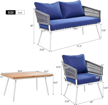 4-Piece, Boho Rope Outdoor Furniture Patio Conversation Sets with Deep Seating & Thick Cushion, Wicker Rattan Chairs Garden Backyard Balcony Porch Poolside loveseat, OneSize, Kb-Navy Blue
