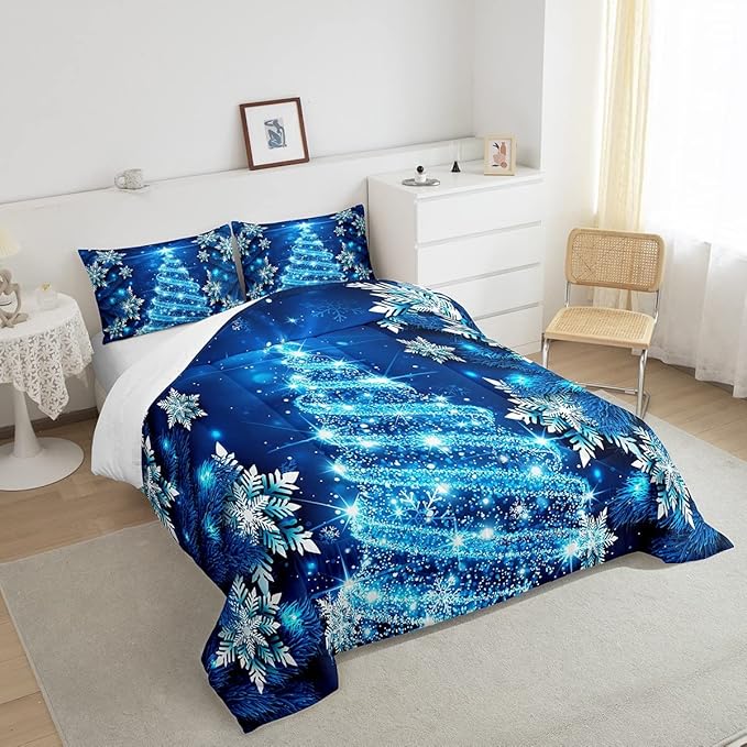 Feelyou Girls Christmas Tree Comforter Set Blue Xmas Theme Comforter Queen Chic Winter Snowflake Bedding Set for Girls Daughter Bedroom Decor Soft Girly Glitter Quilted Duvet Winter Warm Bedding