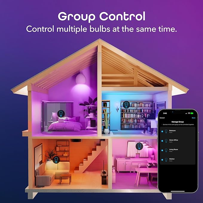 Geeni Smart Light Bulbs - Color Changing & Tunable White, Dimmable, Works with Alexa & Google Home, 2.4 GHz WiFi, A19, 800 lm, 4 Pack