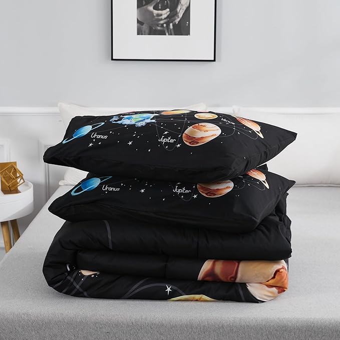 Outer Space Bedding Set King Solar System Comforter Set 3 Pieces 1 Space Comforter Twin and 2 Pillow Cases for Boys Girls Kids Ultra-Soft Microfiber All Seasons for Bedroom Sofa