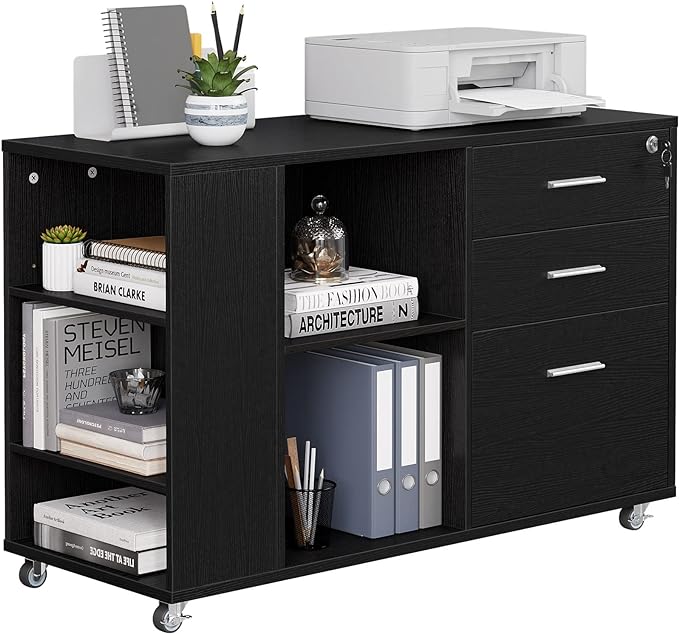 YITAHOME File Cabinet, Mobile Lateral Filing Cabinet with Lock for Home Office, Printer Stand with Open Storage Shelf, Fits A4, Letter, Legal Size Files, Office Furniture, Black