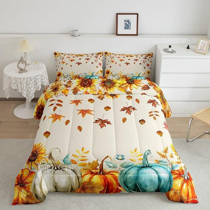 Fall Pumpkin Bedding Set For Home King Thanksgiving Harvest Season Fruit Decor Comforter Set Autumn Fall Maple Leaf Quilt Comforter for Kids Teen Adults,Rustic Farm Sunflower Bed Sets 2 Pillow Cases