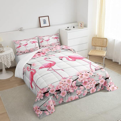 Erosebridal Flamingo Bedding Set Full,Cherry Blossoms Comforter Set for Girls Teens Women,Pink Tropical Bird Animal Comforter Flower Rustic Wooden Board Quilt Duvet Sets with 2 Pillow Cases