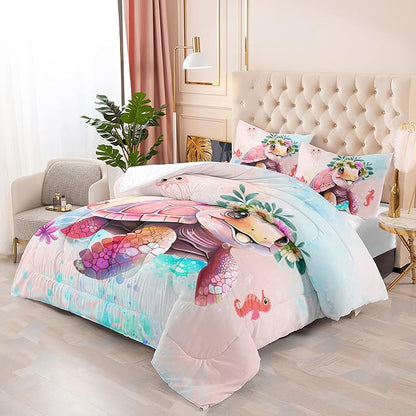 CVHOUSE Kawaii Sea Turtle Comforter Set Queen Size,Ocean Theme Bedding Set for Girls Kids,Tie Die Turtle Quilt Set Ocean Turtle Duvet Set Ocean Decor 3 Pieces