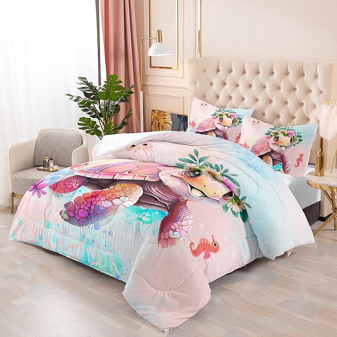 CVHOUSE Kawaii Sea Turtle Comforter Set Full Size,Ocean Theme Bedding Set for Girls Kids,Tie Die Turtle Quilt Set Ocean Turtle Duvet Set Ocean Decor 3 Pieces
