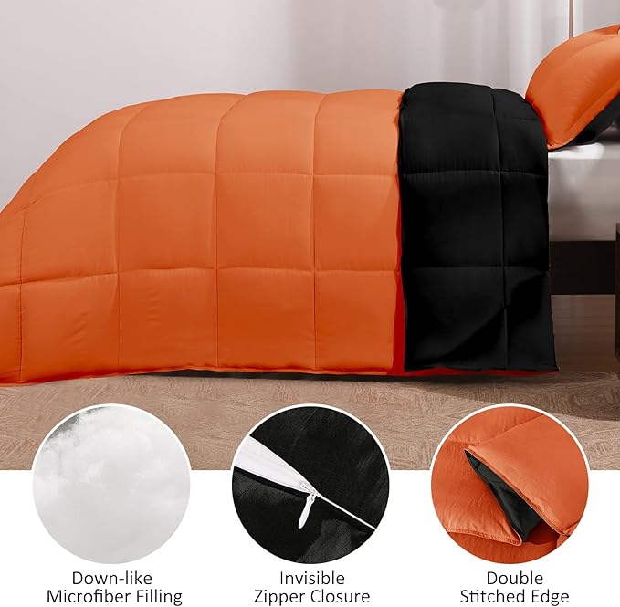 Basic Beyond Queen Comforter Set - Fluffy Comforter Queen Set for All Seasons - Reversible Orange Comforter Set Queen for Mens - 3 Pieces (1 Comforter + 2 Pillow Shams) - Orange/Black