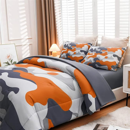 Meeting Story Kids Camo Bedding Set, Army Camouflage Bedding Twin Comforter Set for Boys Girls Teens Bedroom Decoration (Orange, Twin 5Pcs)