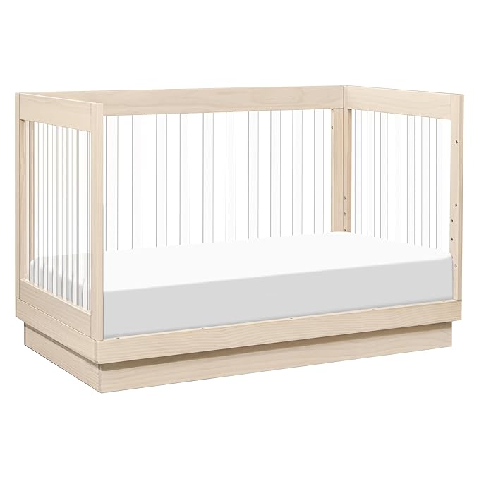 Babyletto Harlow Acrylic 3-in-1 Convertible Crib with Toddler Bed Conversion Kit in Washed Natural with Acrylic Slats, Greenguard Gold Certified
