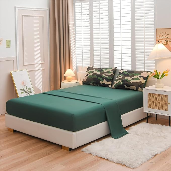 Meeting Story Camouflage Bedding Set, Colorful Pattern Style Comforter Set, 5 PCS One Comforter Two Pillowcases Two Sheets in One Bag, All Season Bedspread for Teens Adults (Green, Queen 5Pcs)