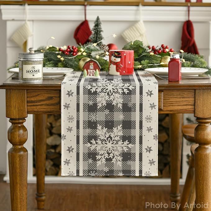Artoid Mode Grey Buffalo Plaid Snowflakes Christmas Table Runner, Seasonal Winter Kitchen Dining Table Decoration for Home Party Decor 13x72 Inch