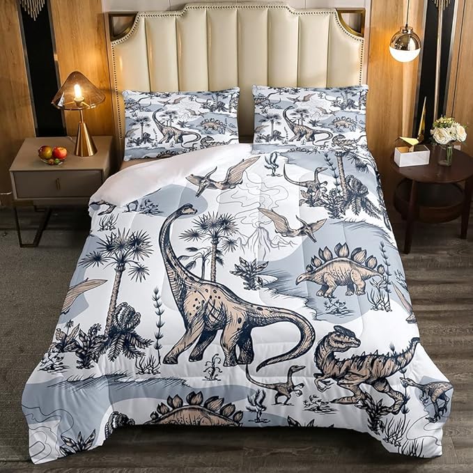 Erosebridal Kids Dinosaur Comforter Set, Dino Palm Tree Bedding Set Queen Size for Boys Teens Adult Bedroom, Ancient Animal Duvet Sets Mountain Tropical Botanical Quilted Duvet with 2 Pillow Cases