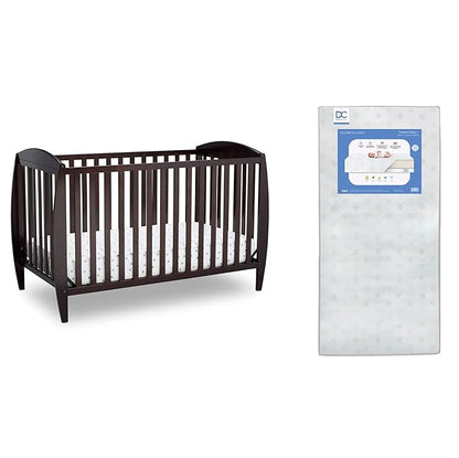 Delta Children Twinkle 4-in-1 Convertible Baby Crib, Sustainable New Zealand Wood, Dark Chocolate and Delta Children Twinkle Galaxy Dual Sided Recycled Fiber Core Crib and Toddler Mattress (Bundle)