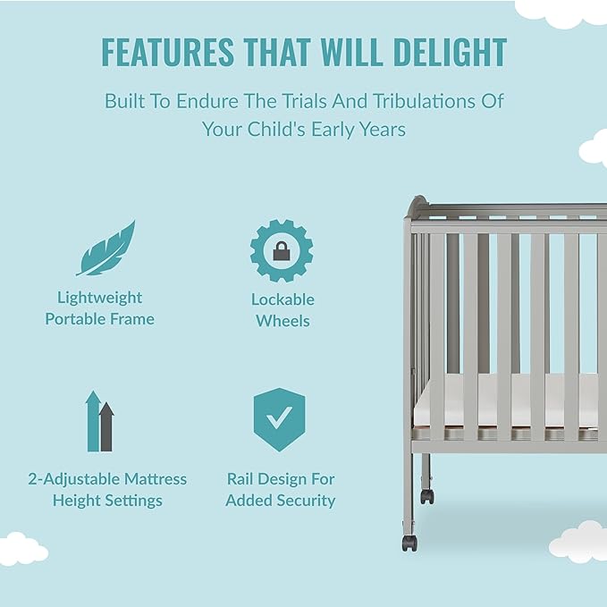 2 in 1 Folding Portable Crib in Cool Grey, Greenguard Gold Certified , 40x26x38 Inch (Pack of 1)