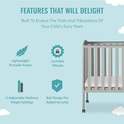 2 in 1 Folding Portable Crib in Cool Grey, Greenguard Gold Certified , 40x26x38 Inch (Pack of 1)