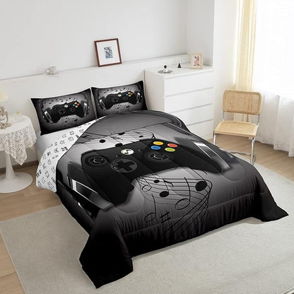 Gamer Comforter Set Twin Size,Black Grey Headphones Musical Design Games Gamepad Bedding Set for Kids Boys Video Game Room Decor Retro Playing Gamer Down Comforter Gaming Controller Quilted Duvet Set