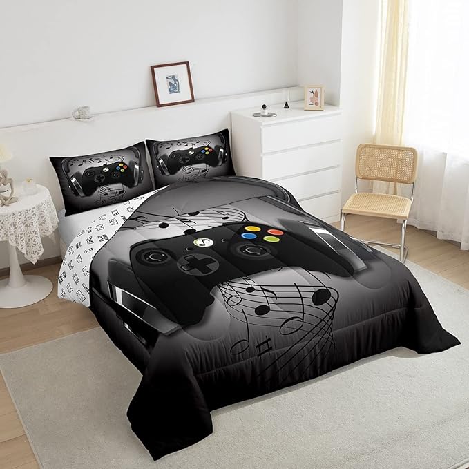 Gamer Comforter Set King Size,Black Grey Headphones Musical Design Games Gamepad Bedding Set for Kids Boys Video Game Room Decor Retro Playing Gamer Down Comforter Gaming Controller Quilted Duvet Set