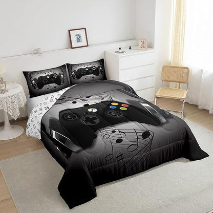 Gamer Comforter Set King Size,Black Grey Headphones Musical Design Games Gamepad Bedding Set for Kids Boys Video Game Room Decor Retro Playing Gamer Down Comforter Gaming Controller Quilted Duvet Set