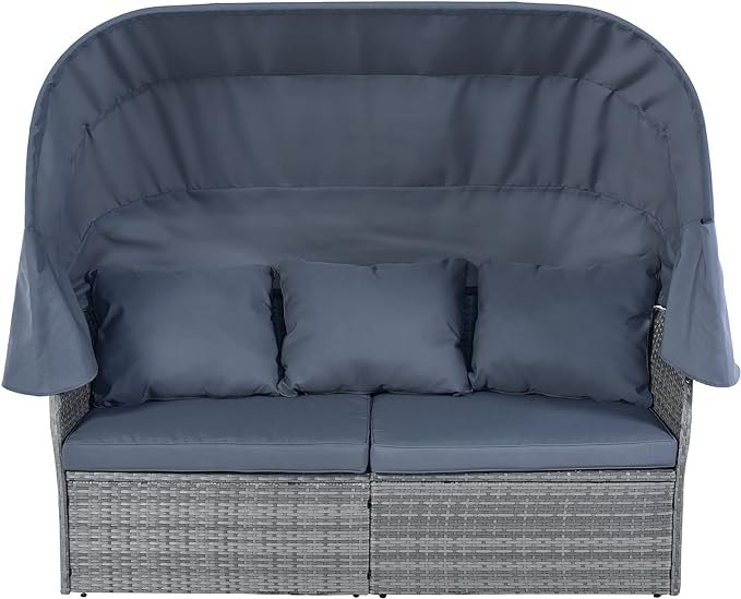 Rectangle Furniture Daybed Sunbed with Retractable Canopy, Outdoor Wicker Conversation Set with Cushions for Patio, Backyard, Porch, Garden, Hc-Gray