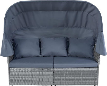 Rectangle Furniture Daybed Sunbed with Retractable Canopy, Outdoor Wicker Conversation Set with Cushions for Patio, Backyard, Porch, Garden, Hc-Gray