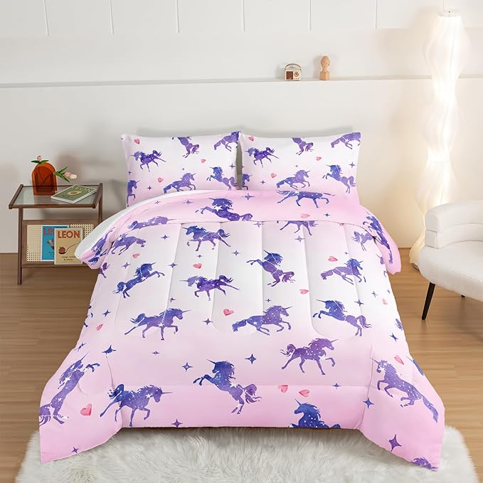 HOSIMA Kawaii Unicorn Comforter,Purple Unicorn with Stars and Love Heart Princess Toddler Bedding Set-Soft Microfiber King Size Comforter Set,Fairycore Room Decor Pink Comforter with 2 Pillowcases.