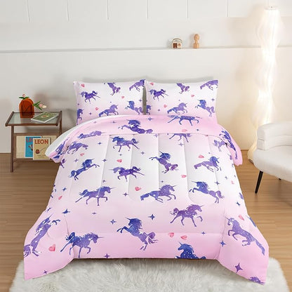 HOSIMA Kawaii Unicorn Comforter,Purple Unicorn with Stars and Love Heart Princess Toddler Bedding Set-Soft Microfiber King Size Comforter Set,Fairycore Room Decor Pink Comforter with 2 Pillowcases.