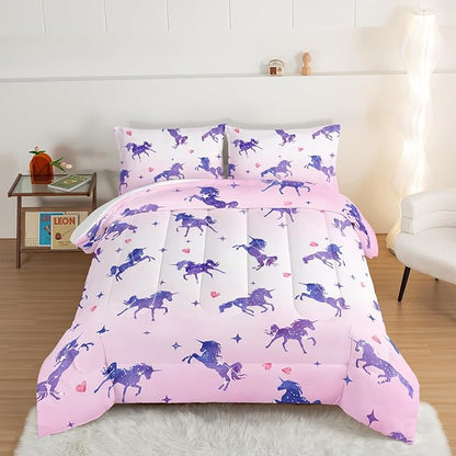 HOSIMA Kawaii Unicorn Comforter,Purple Unicorn with Stars and Love Heart Princess Toddler Bedding Set-Soft Microfiber Queen Comforter Set,Fairycore Room Decor Pink Comforter with 2 Pillowcases.