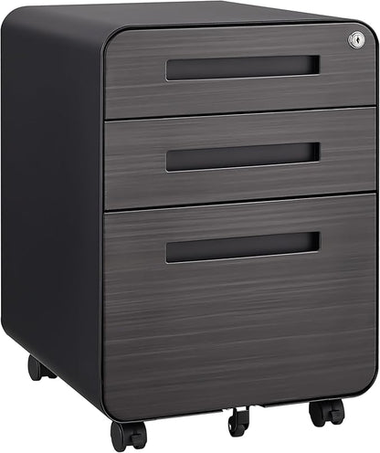3 Drawer Mobile Desk Office with Lock and Wheels,Versatile Storage Cabinets w/Anti-Tilting Cold Rolled Steel Waterproof Moisture-Proof,for Legal/Letter/A4 Files,Dark Brown