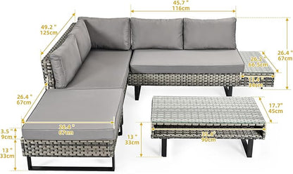 DWVO Patio Furniture Set, Sectional L-Shaped Sofa, for Patio Backyard Poolside Porch, Wicker Conversation Set with Coffee Table & Cushions, Detachable Lounger, All-Weather Rattan, Grey