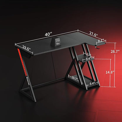 CubiCubi Aurora Gaming Desk with Carbon Fiber Surface, 40 Inch L Shaped Desk with Storage Shelves, Small Corner Computer Desk with Monitor Shelf, Gamer Desk PC Table, Black