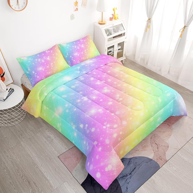 Rainbow Comforter Set 5 pcs Full,Pink Bedding,Bed in A Bag 5 pcs Rainbow Comforter,Kids Princess Comforter Set Full,Rainbow Bedding for Teen Girls Adults