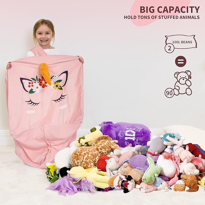 Aubliss Unicorn Stuffed Animal Storage Bean Bag Chair for Kids, Velvet Extra Soft Beanbag Chairs Cover, X-Large Stuffable Zipper Bean Bag for Organizing Plush Toys Girls Bedroom Decor, Pink Floral