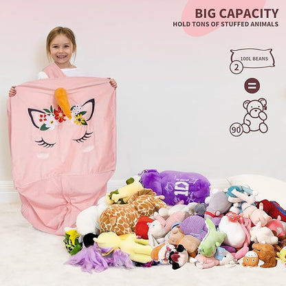 Aubliss Unicorn Stuffed Animal Storage Bean Bag Chair for Kids, Velvet Extra Soft Beanbag Chairs Cover, X-Large Stuffable Zipper Bean Bag for Organizing Plush Toys Girls Bedroom Decor, Pink Floral