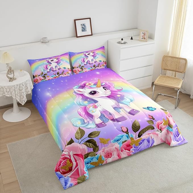 Manfei Cute Unicorn Kids Comforter Set Twin Size,Rainbow Starry Sky Roses Dreamy Bedding Set,Girls Women Room Decor,Cartoon Animals Flowers Down Comforter,Pink Purple Unique Duvet Insert,1 Pillowcase