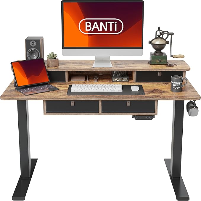 BANTI Height Adjustable Electric Standing Desk with 4 Drawers, 48 x 24 Inch Table with Storage Shelf, Sit Stand Desk, Rustic Brown Top