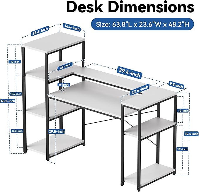 63-Inch Computer Desk with Printer Shelf, Teen Desk, Home Office Desk with Monitor Stand and Bookshelf for Study, Writing, PC Work, Gaming