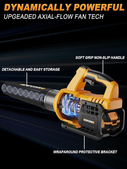 EWORK Cordless Leaf Blower - 21V Electric Leaf Blower Cordless with (2) 3.0Ah Battery and Fast Charger 400CFM Variable Speed & Turbo Mode - Battery Powered Leaf Blowers for Lawn Care and Patio