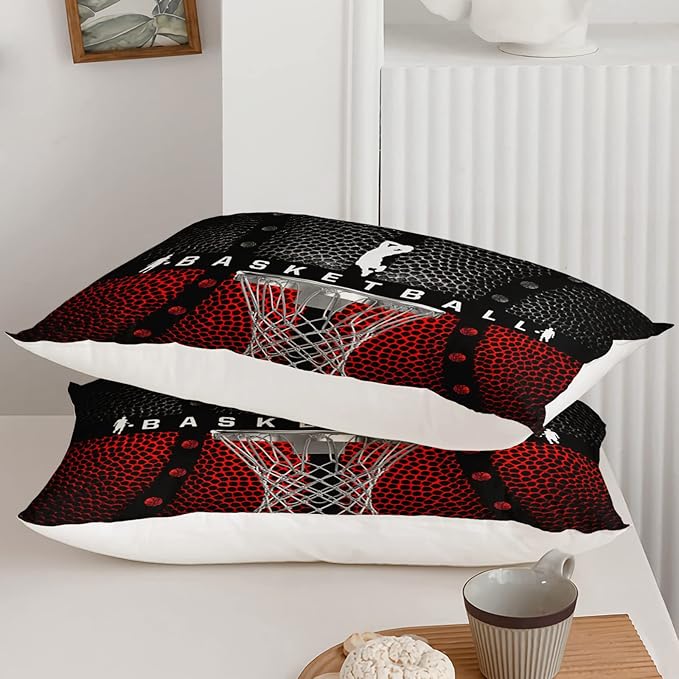 Axolotl Basketball Bedding Set for Boys Kids Teens,Soft Microfiber Black and Red Sports Theme Basketball Bedding Sets Queen Size with 1 Comforter and 2 Pillowcases All Season