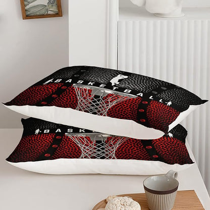 Axolotl Basketball Bedding Set for Boys Kids Teens,Soft Microfiber Black and Red Sports Theme Basketball Bedding Sets Queen Size with 1 Comforter and 2 Pillowcases All Season