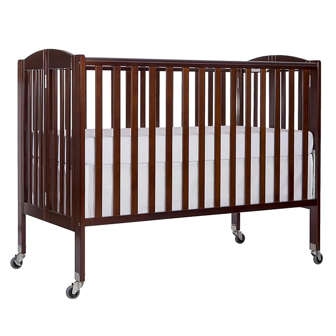 Folding Full Size Convenience Crib In Espresso, Two Adjustable Mattress Height Positions, Comes With Heavy Duty Locking Wheels, Flat Folding Crib