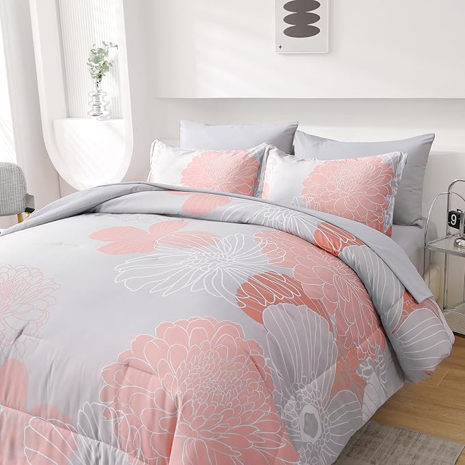 Yiran 7 Pieces Blush Grey Comforter Set Floral Bed in a Bag Soft Microfiber Comforter Bedding Set Queen Size 90"×90"(1 Comforter,2 Pillowcases,2 Pillow Shams,1 Flat Sheet,1 Fitted Sheet)