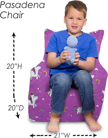 Posh Creations Structured Comfy Bean Bag Chair for Gaming, Reading, and Watching TV, Pasadena Chair, Canvas - Unicorn and Rainbows on Purple