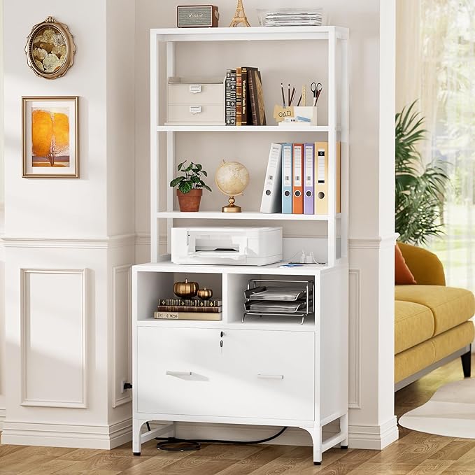 Homieasy File Cabinet with Charging Station, Vertical Filing Cabinet with Lock & Large Drawer, Printer Stand with Storage Shelves, Office Storage Cabinet fits Letter/A4/Legal Size, White